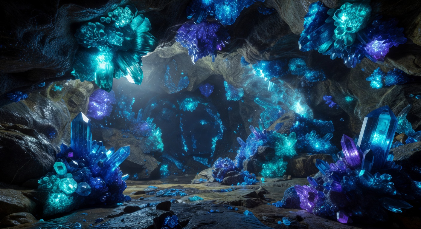 Subterranean glowing cave crystals